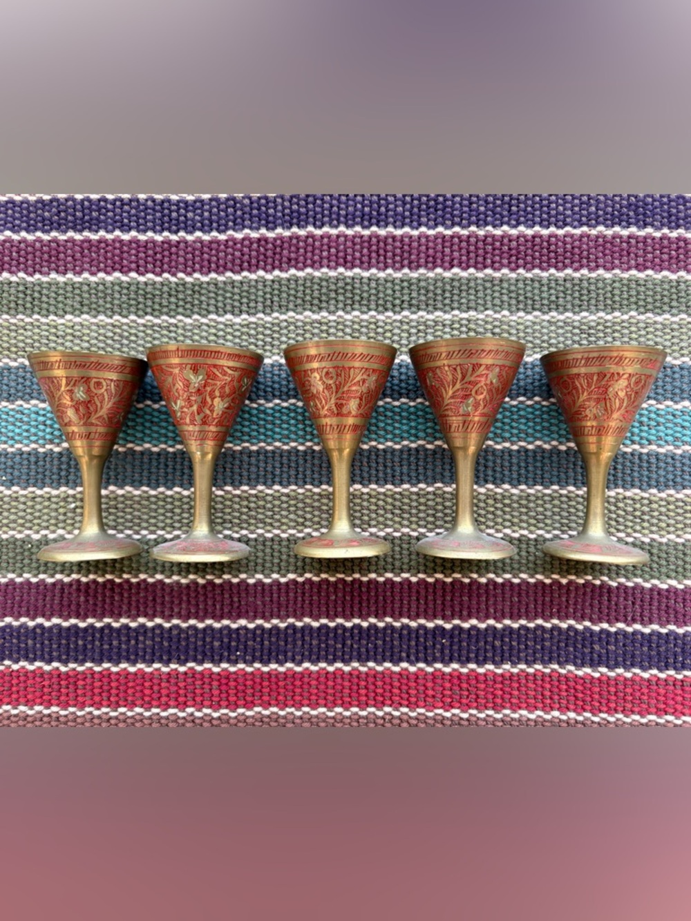Five Decorative Brass Etched Tiny Goblet Set - Red & Gold Detailing